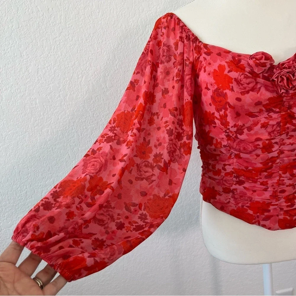 Free People Oh‎ Lala Red Pink Floral Top Size Large